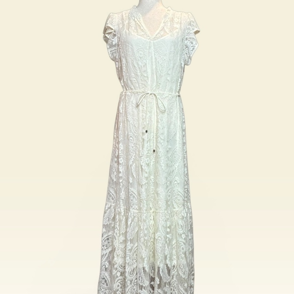 New Steve Madden Dress Paisley Floral Lace Maxi Dress in Natural Size Medium - Picture 4 of 17